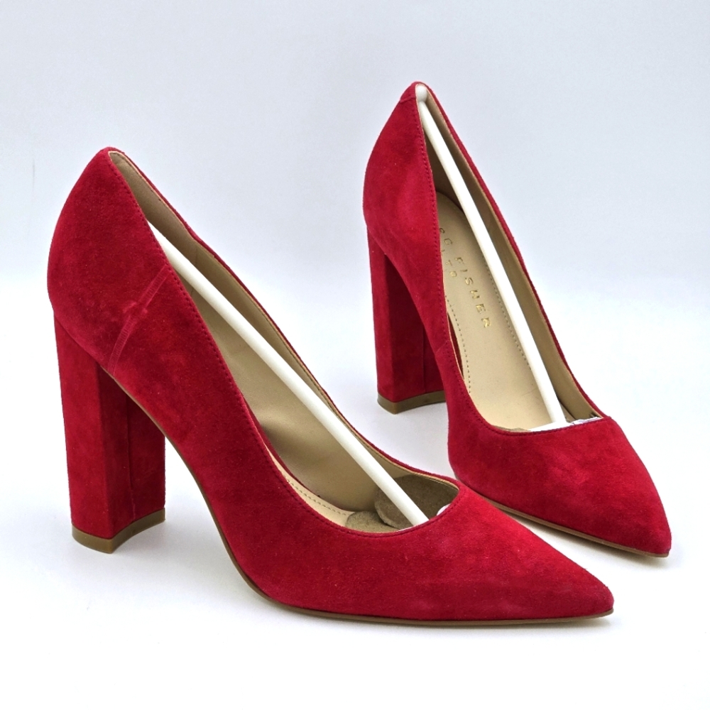 Marc Fisher Red Suede Pointed-Toe Block Heel Pumps
